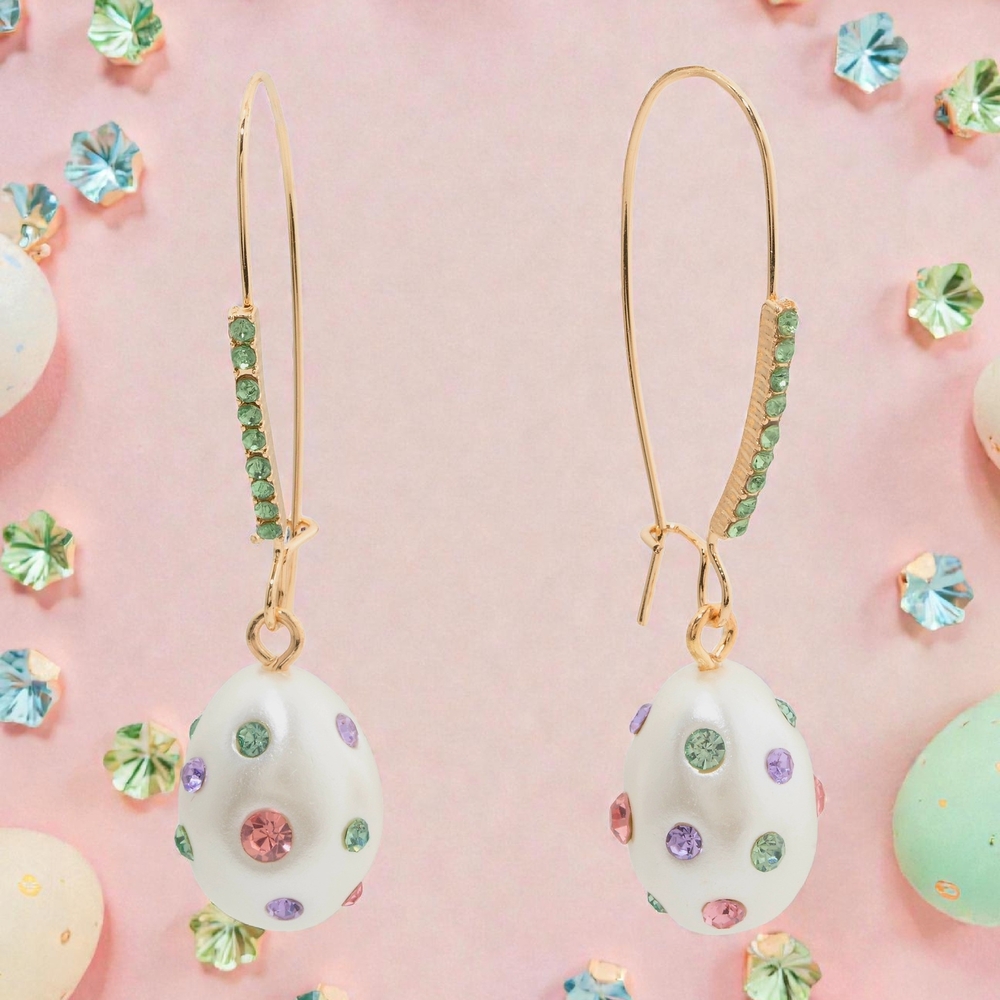 NEW Betsey Johnson Gold Tone & White Easter Egg Drop Earrings Crystal Accents - Picture 3 of 4